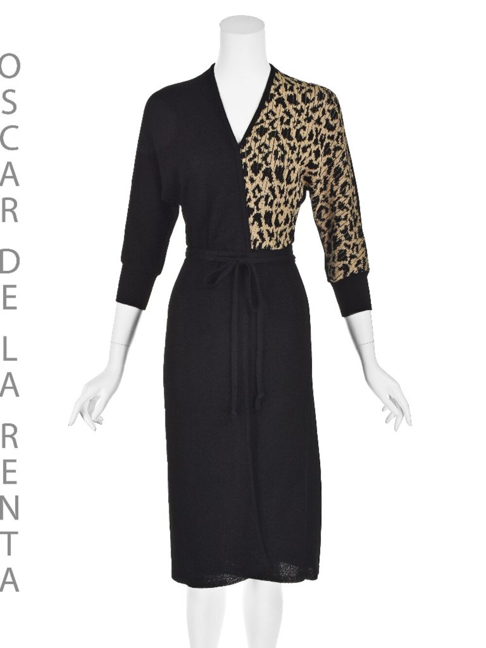OSCAR de la RENTA Vintage Black Knit Wrap Dress, Leopard Print Top, Size 4